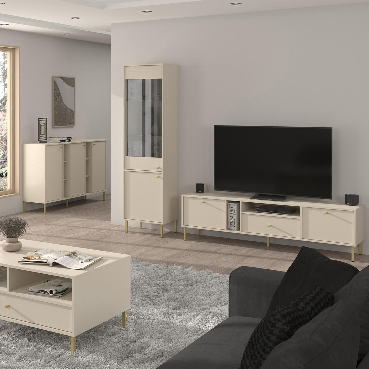 TV-LOWBOARD FLOREN, Creme/Gold - Creme, Holzwerkstoff/Metall (180/50/40.8cm) - KONSIMO®
