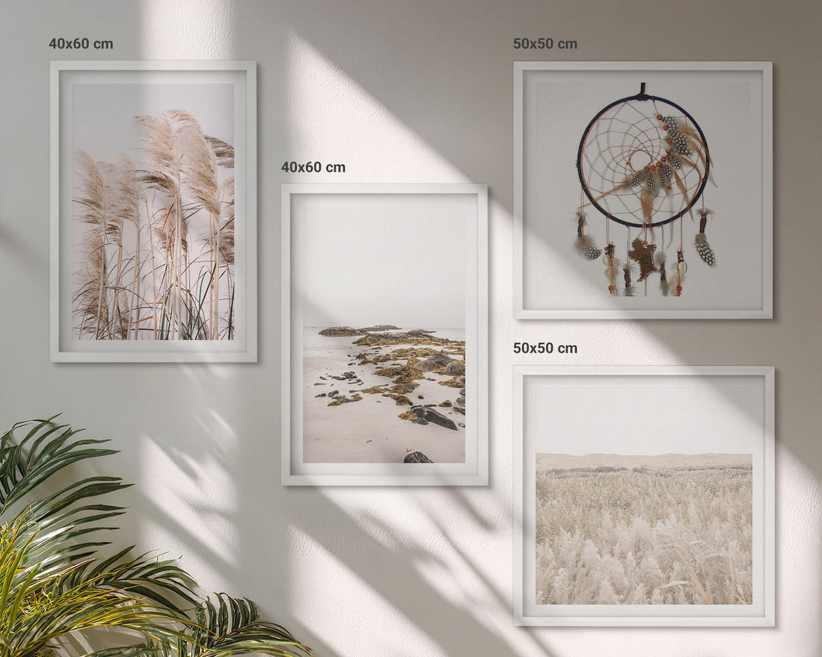 WANDBILDER 4er-Set - 50x50 cm & 40x60 cm Weißer Rahmen - Wiesen, Strand, Boho-Stil - Weiß, Kunststoff (50/50cm) - ArtPrintCave