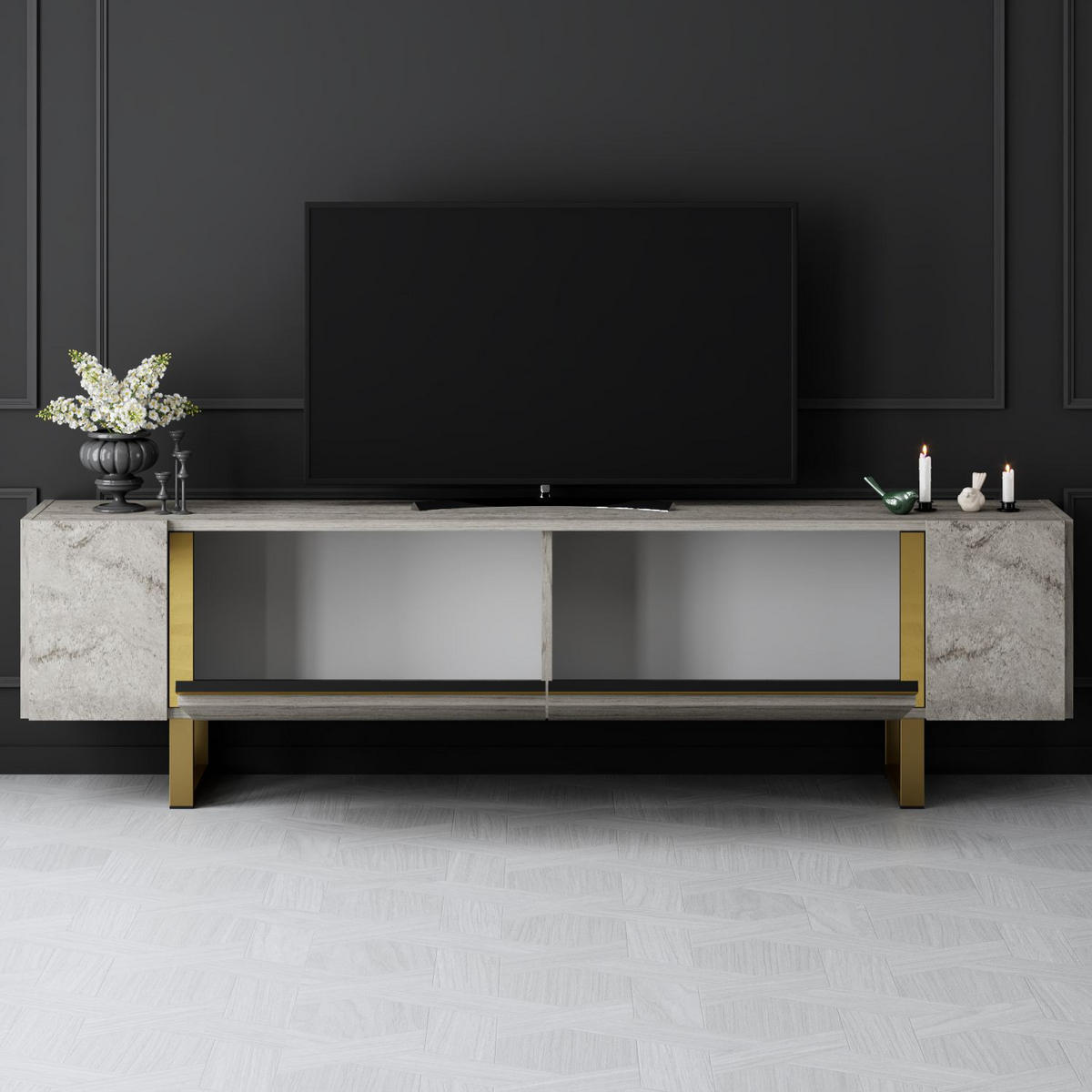 TV-MÖBEL Yildiz Travertin-Gold - Beige/Goldfarben, Holz (180/50/30cm) - Habitat Garten