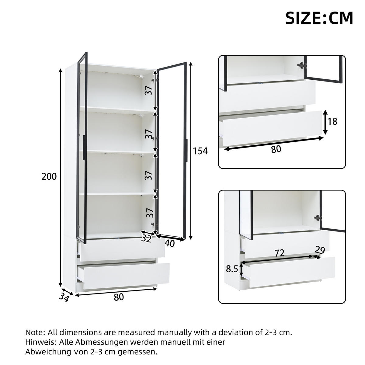 VITRINE LED Hochschrank 2 Türen 2 Schubladen Weiß - Weiß, Holzwerkstoff (80/200/34cm) - FLIEKS