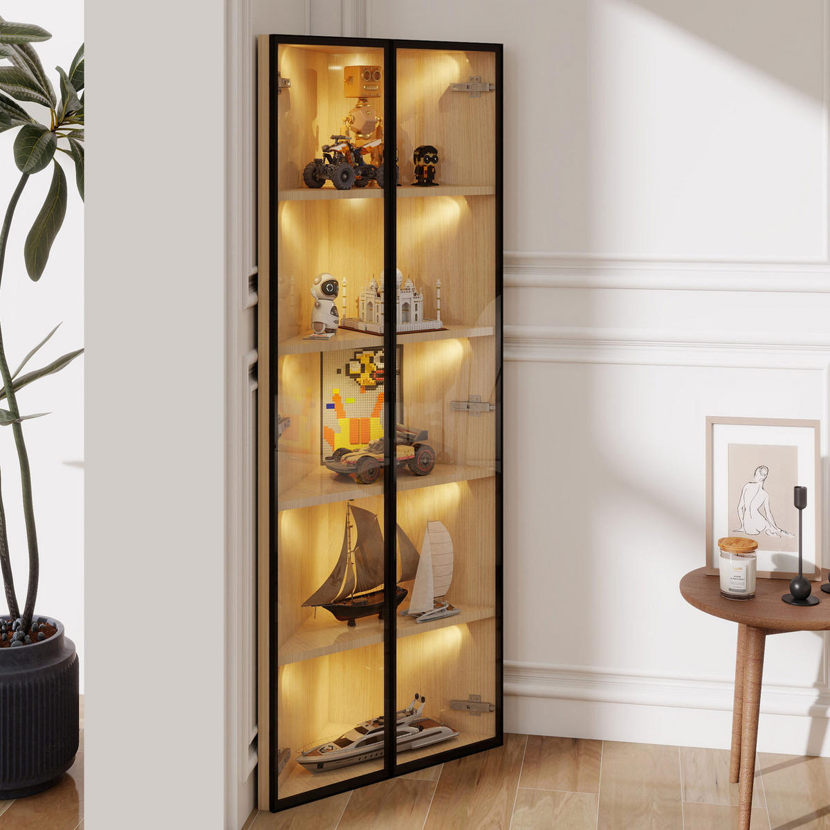 HIGHBOARD mit LED-Beleuchtung 62/35/160 cm in Eiche-Optik mit Glastür - Eichefarben, Holzwerkstoff (62/160/35cm) - BEAOK