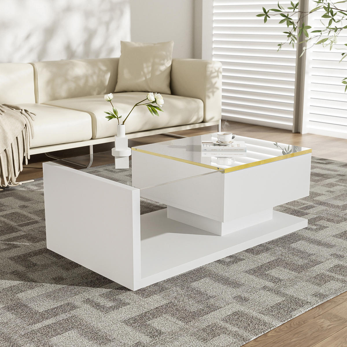 COUCHTISCH Weiß Hochglanz 90 cm mit Glas & LED - Multicolor, Metall (90/50/32.5cm) - SHOPENTRA