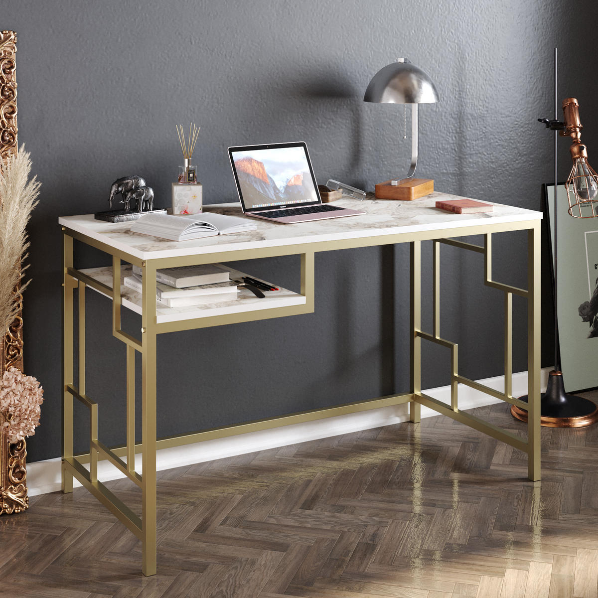 COMPUTERTISCH Victory Weiss Marmor Gold - Goldfarben/Weiß, Holzwerkstoff (120/60/75cm) - Decorotika