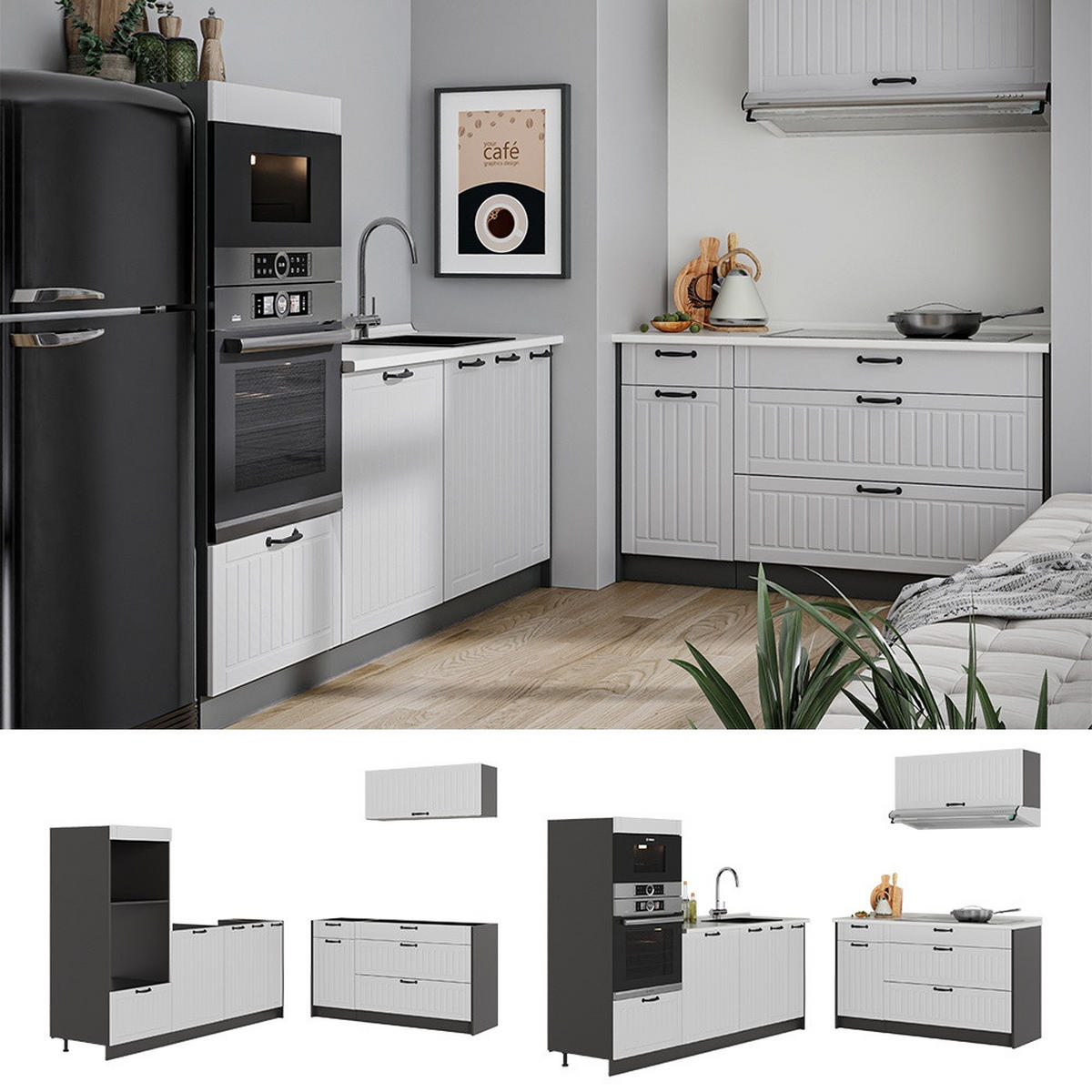 KÜCHENZEILE Fame-Line, Weiß Landhaus/Anthrazit, 340 cm, AP Anthrazit - Anthrazit/Weiß, Holzwerkstoff (340/153.6/60cm) - Vicco