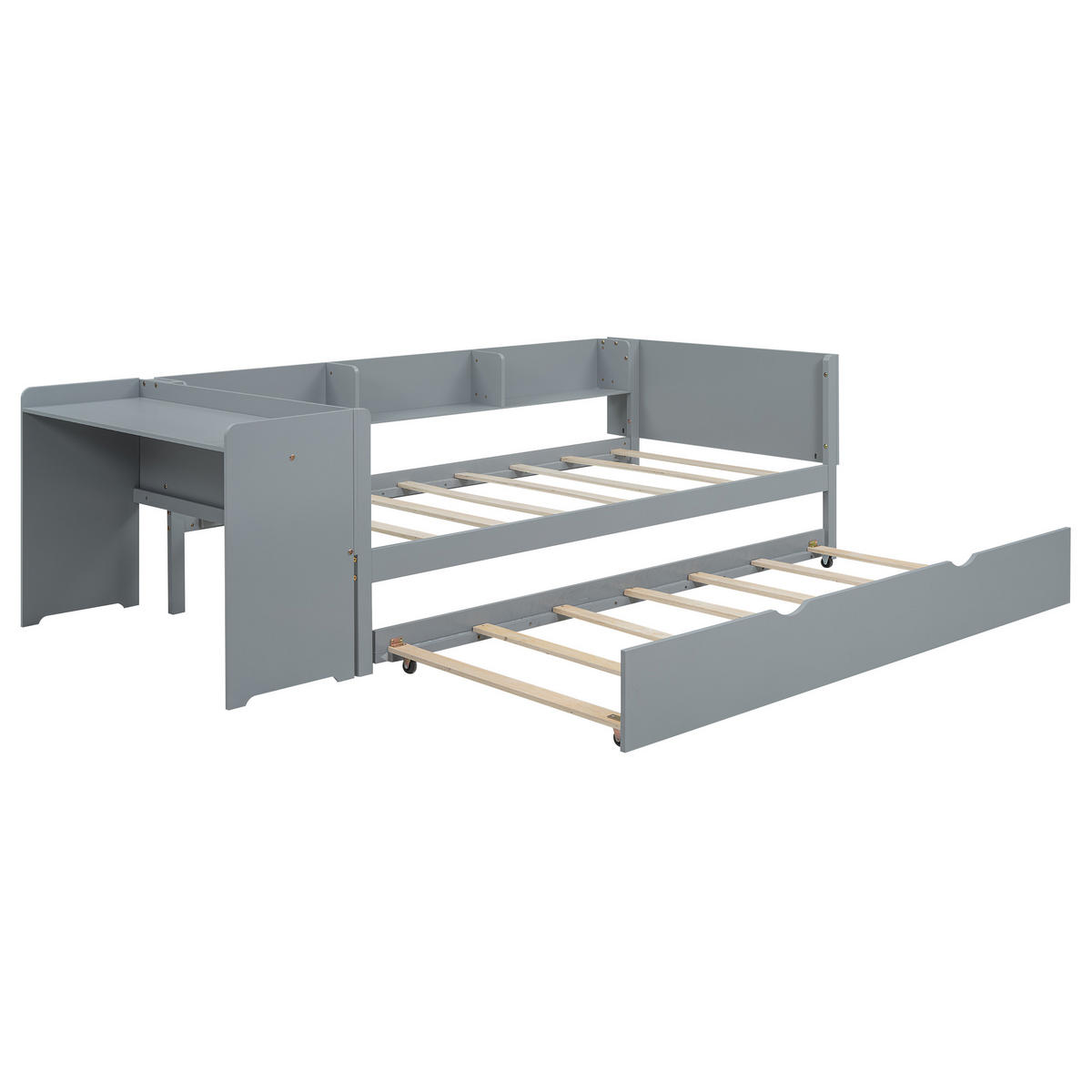 KINDERBETT 90/200 cm & 90/180 cm in Grau mit Ausziehbett, Schreibtisch und 3 Regalen - Grau, Holz/Holzwerkstoff (90/200cm) - CHICFURN