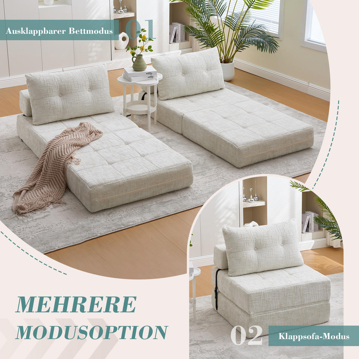 STOFFSOFA Beige Kissen, klappbar 79 x 180 cm - Beige, Textil (79/57/79cm) - PARAFTA HOME