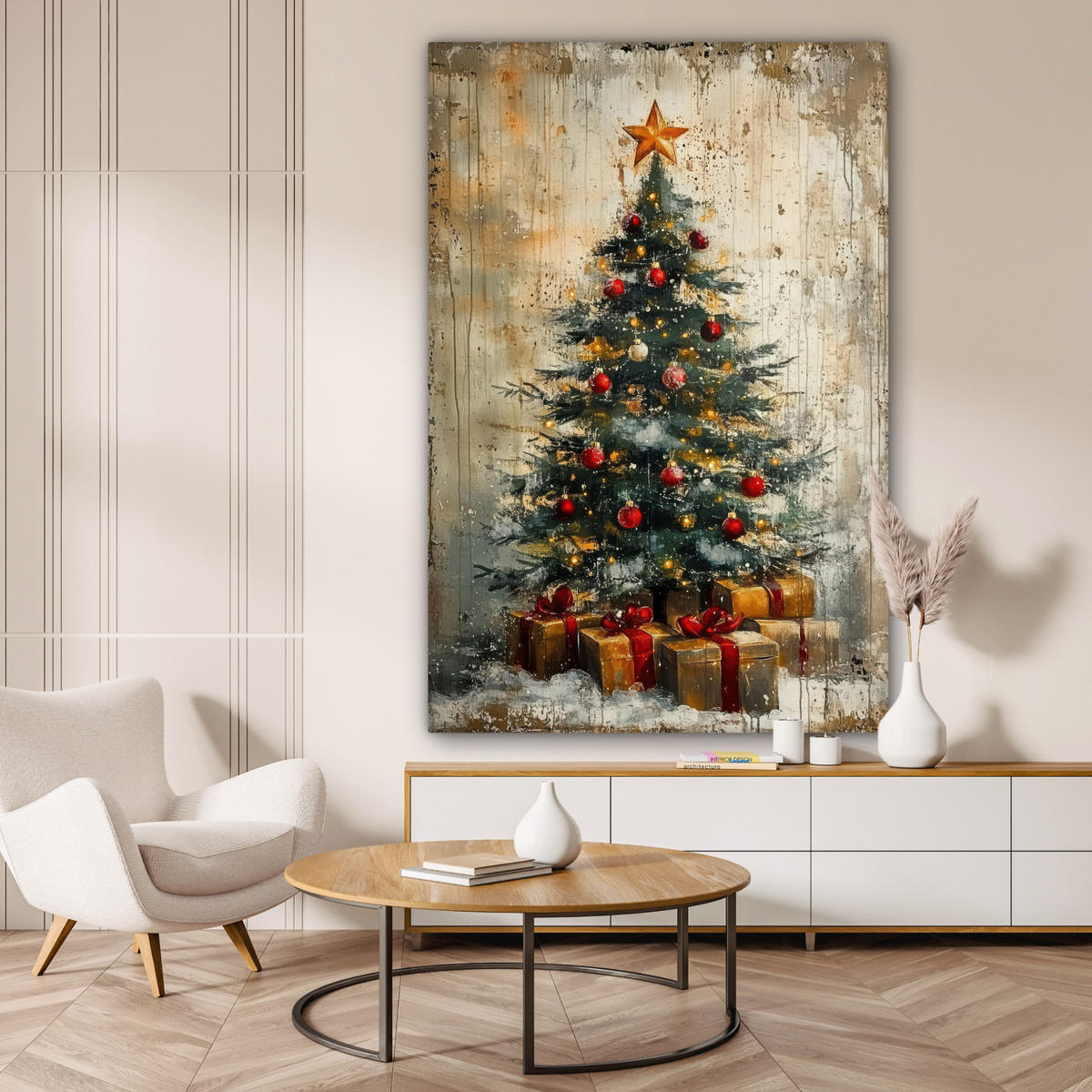 OBRAZ NA PLÁTNĚ Vánoční stromek - Vintage - Vánoce - Dárek 90x140 cm - rezavá, textil (90/140cm) - MuchoWow