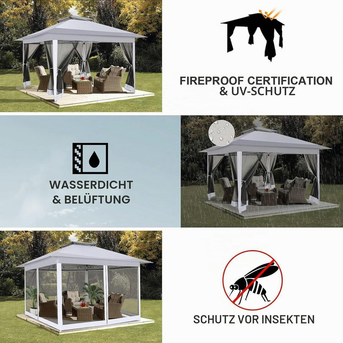 FALTPAVILLON Grau mit Moskitonetz 3,65 x 3,65 m - Grau, Metall (365/270/365cm)