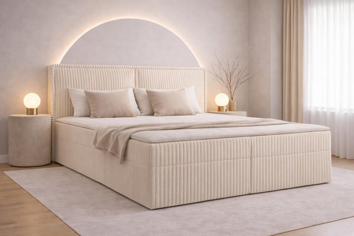 BOXBETT 04 180 x 200 cm - Ambience – Modernes Polsterbett mit Bettkasten, Topper und gepolstertem Kopfteil, Stoffbezug, Stauraumbett - Creme, Holz (180/200cm) - ROYAL24_MARKT