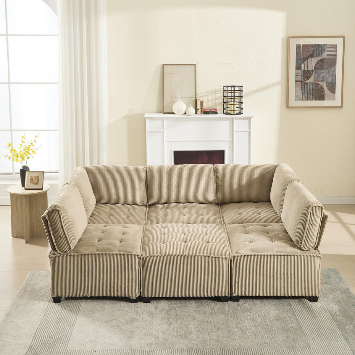 ECKSOFA Modulares U-Form Cordstoff 308x154cm Khaki Schlaffunktion - Naturfarben, Textil (70/77cm) - Raelunyi
