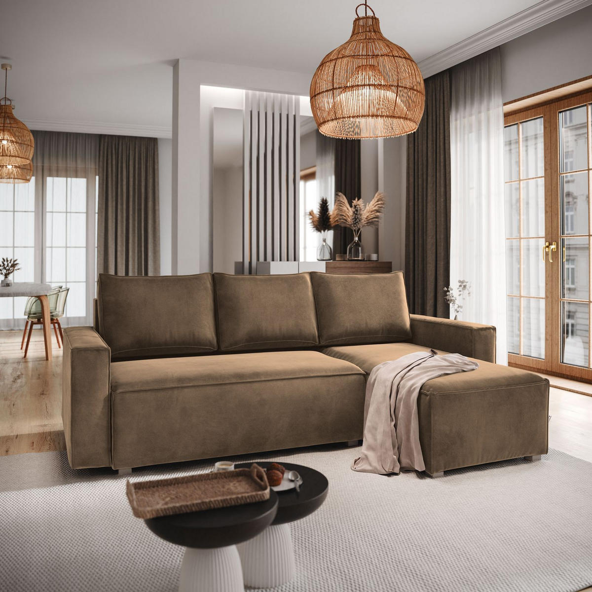 ECKSOFA SILES Beige Velours-Stoff mit Schlaffunktion - Beige, Holz (230/140cm) - MASSENO
