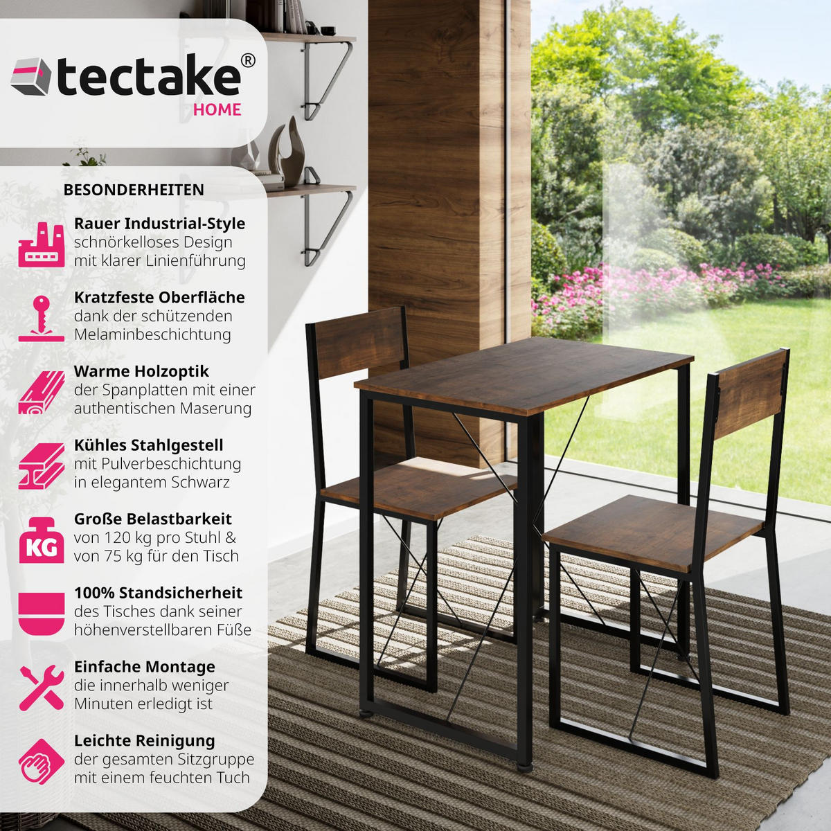 SITZGRUPPE Margate,mit höhenverstellbaren Kunststofffüßen,Industrial Holz dunkel, rustikal - Rostfarben, Holzwerkstoff (80/90/138cm) - tectake