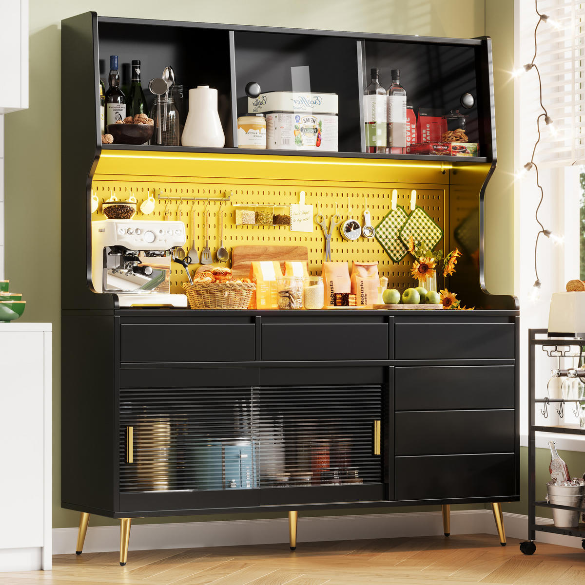 BUFFET 145/39/171 cm schwarz aus MDF und Glas mit LED-Beleuchtung - Schwarz, Holzwerkstoff (145/171/39cm) - OKWISH