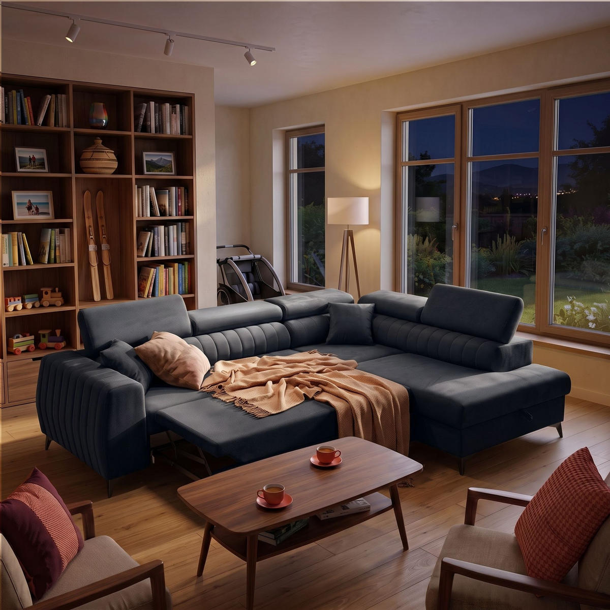 ECKSOFA PIERO L Rechts mit Schlaffunktion 195x125 Velours Dunkelgrau - Dunkelgrau/Schwarz, Holz/Textil (203/268cm) - Muffo