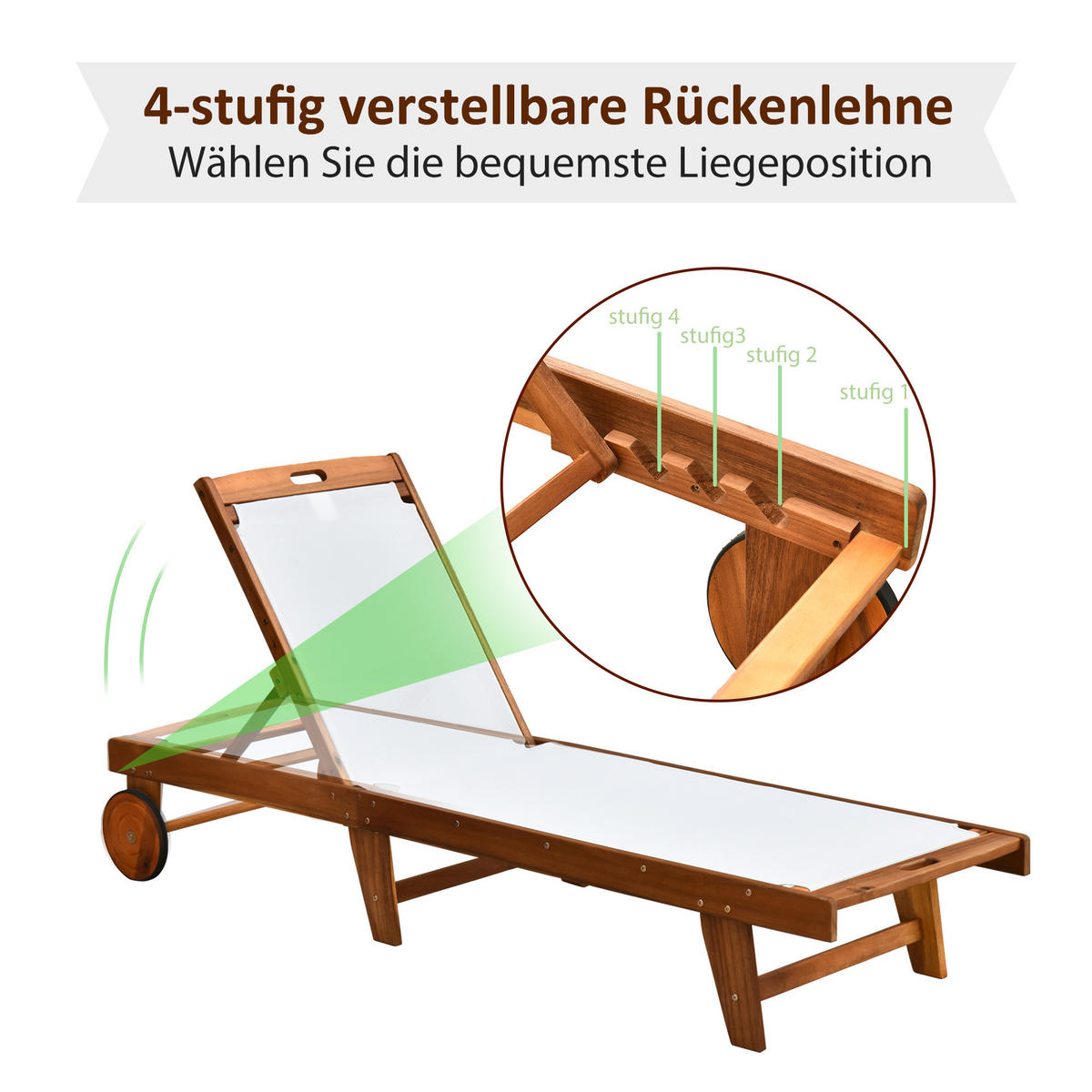 SONNENLIEGE Relaxliege Gartenliege verstellbar Holz Textil Natur+Weiß - Fichtefarben/Weiß, Holz (60/88/198cm) - Outsunny
