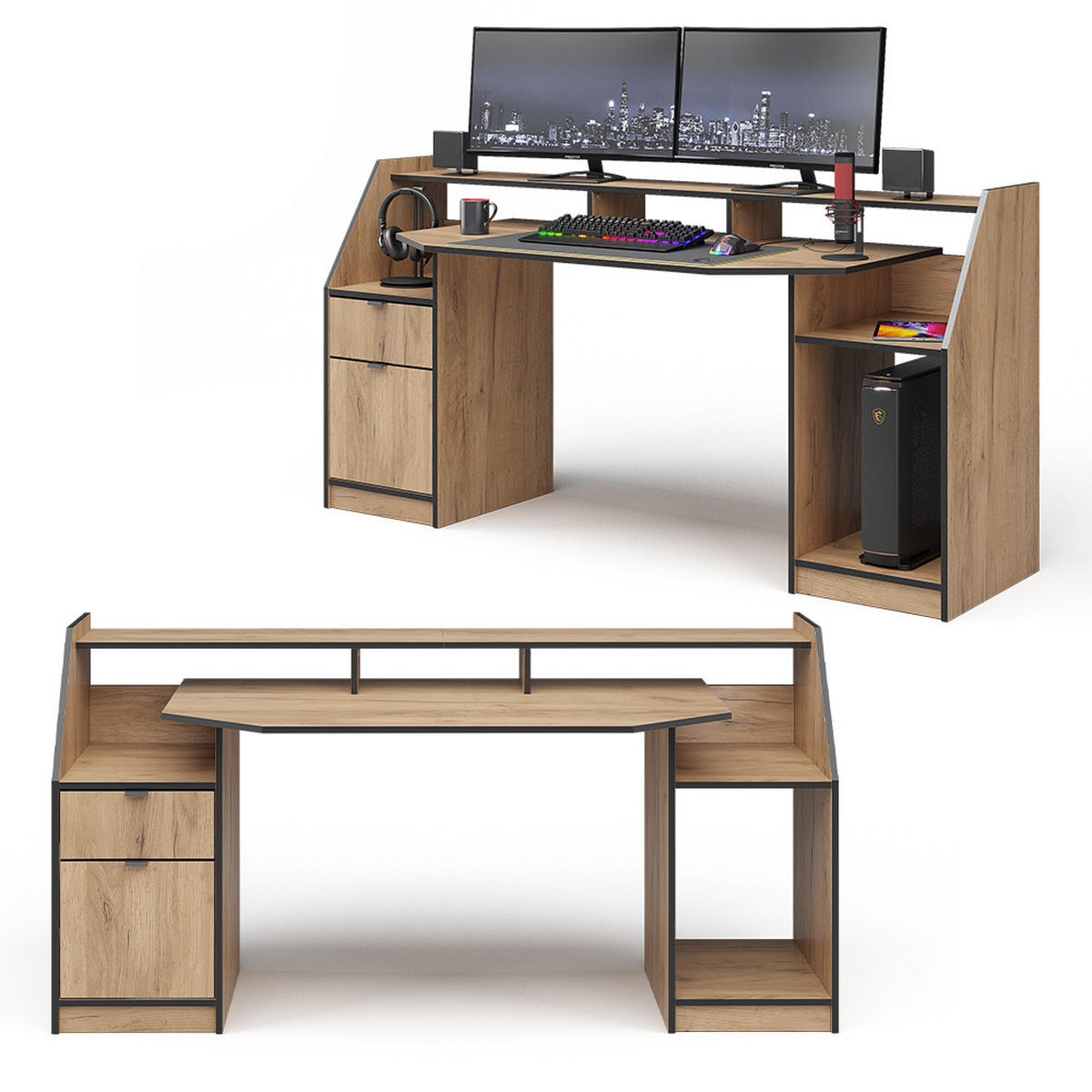 GAMING-TISCH Joel Goldkraft Eiche 179.8 x 65.5 cm mit 1 Schublade und 1 Tür - Honigeiche, Holzwerkstoff (65.5/179.8/90.6cm) - Vicco