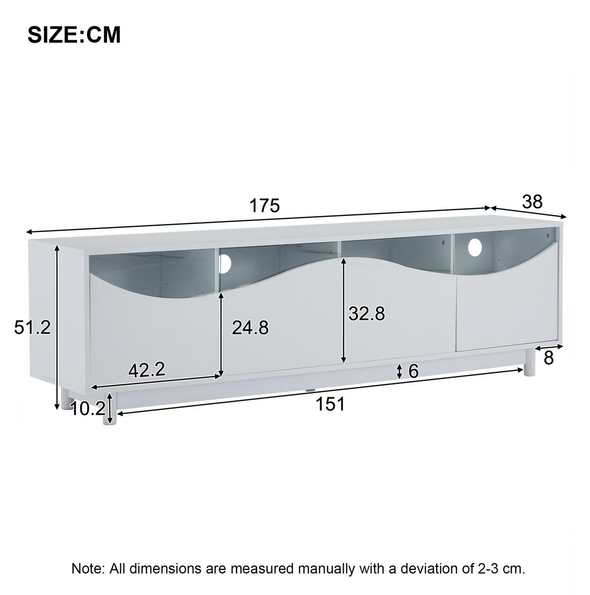 TV skrinka 175/38/51 cm biela s LED osvetlením a bezúchytkovými dvierkami z MDF a tvrdeného skla - biela, kompozitné drevo (175/51/38cm) - OKWISH