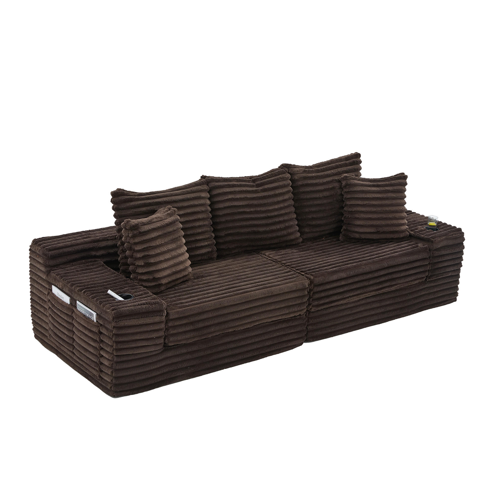 SCHLAFSOFA 4-Sitzer Corduroy Taupe modular mit hoher Rückenlehne, Seitentaschen und Getränkehaltern - Taupe, Textil (38.58/34.25/107.48cm) - Luhomfu