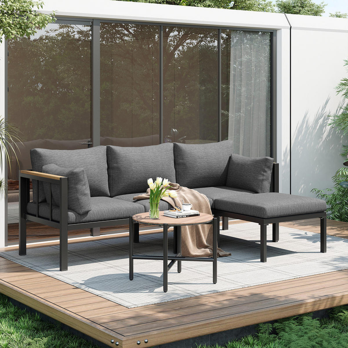 GARTENLOUNGE-SET GRAU mit Ecksofa Couchtisch und Fußhocker verzinkter Stahl - Grau, Textil - BLACKCUP