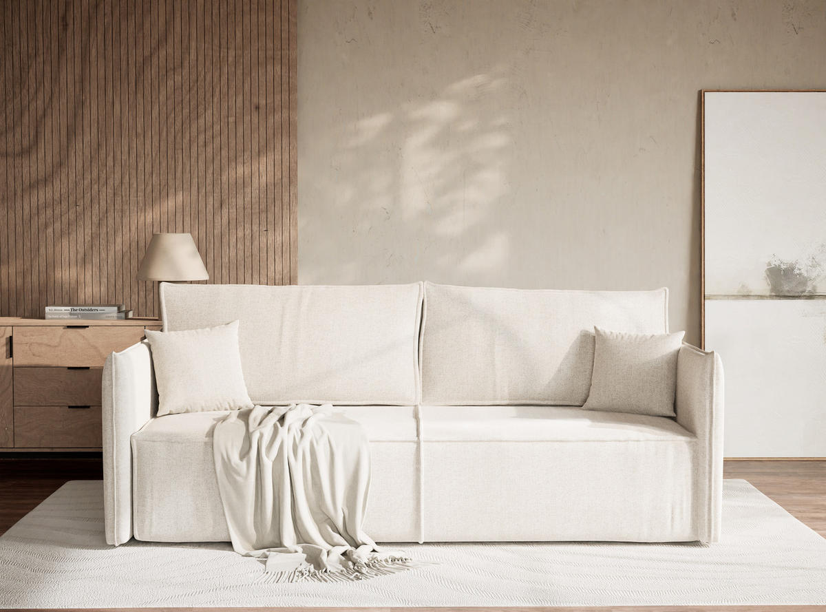 SOFA MIT SCHLAFFUNKTION Obra Hellbeige Webstoff - Creme/Schwarz, Holz/Holzwerkstoff (220/70/107cm) - Maison de Reve