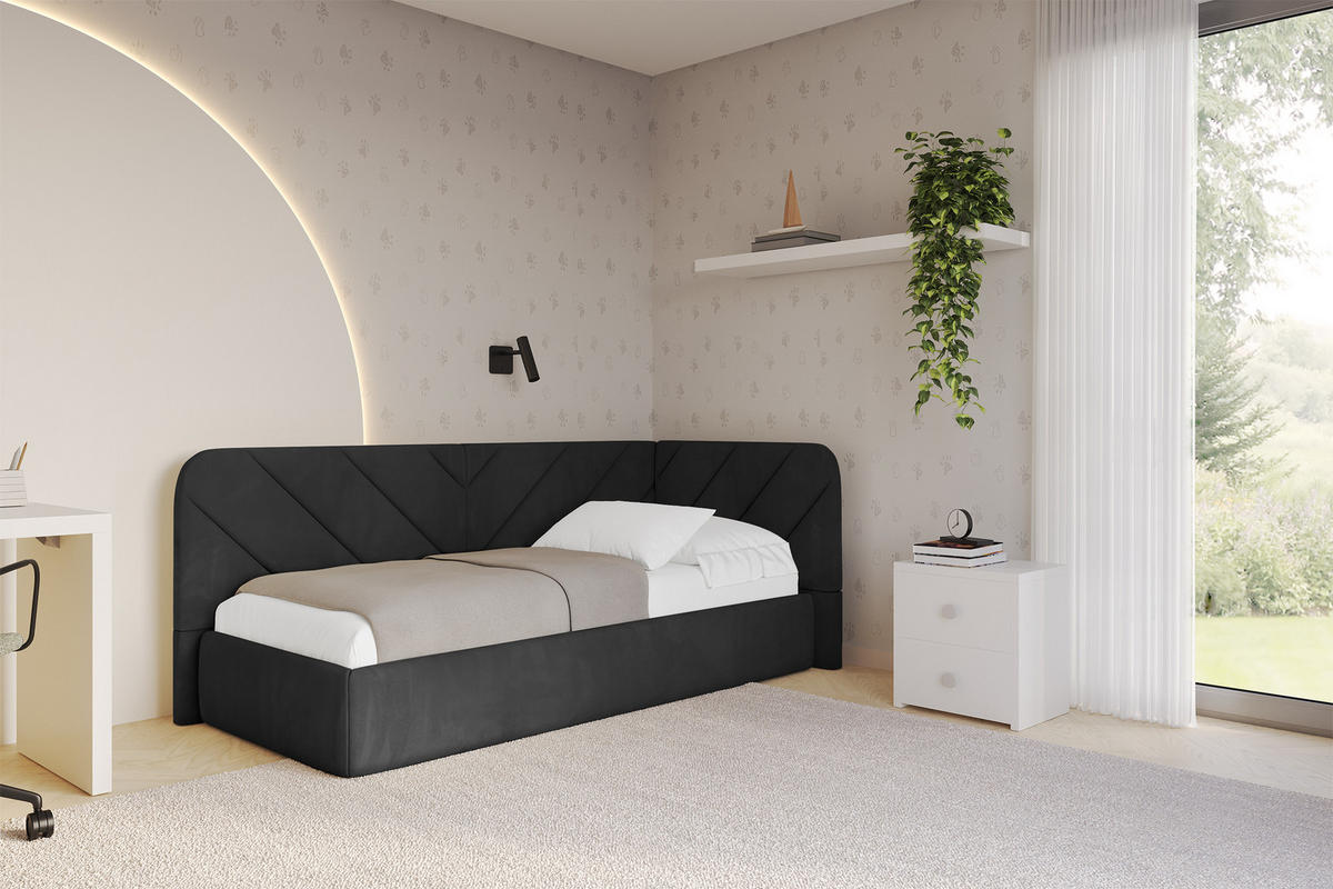 EINZELLBETT Jugendbett mit Bettkasten und Matratze H3/H4, Links - FIKY 90x200 Schwarz - Schwarz, Holzwerkstoff/Textil (90/200cm) - ALTDECOR