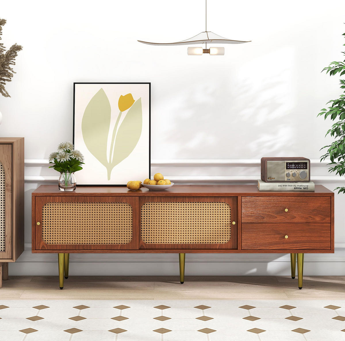 LOWBOARD 160/40/60 cm aus MDF mit Rattan-Schiebetüren Walnussfarben - Weiß, Holzwerkstoff (160/60/40cm) - Modenvie