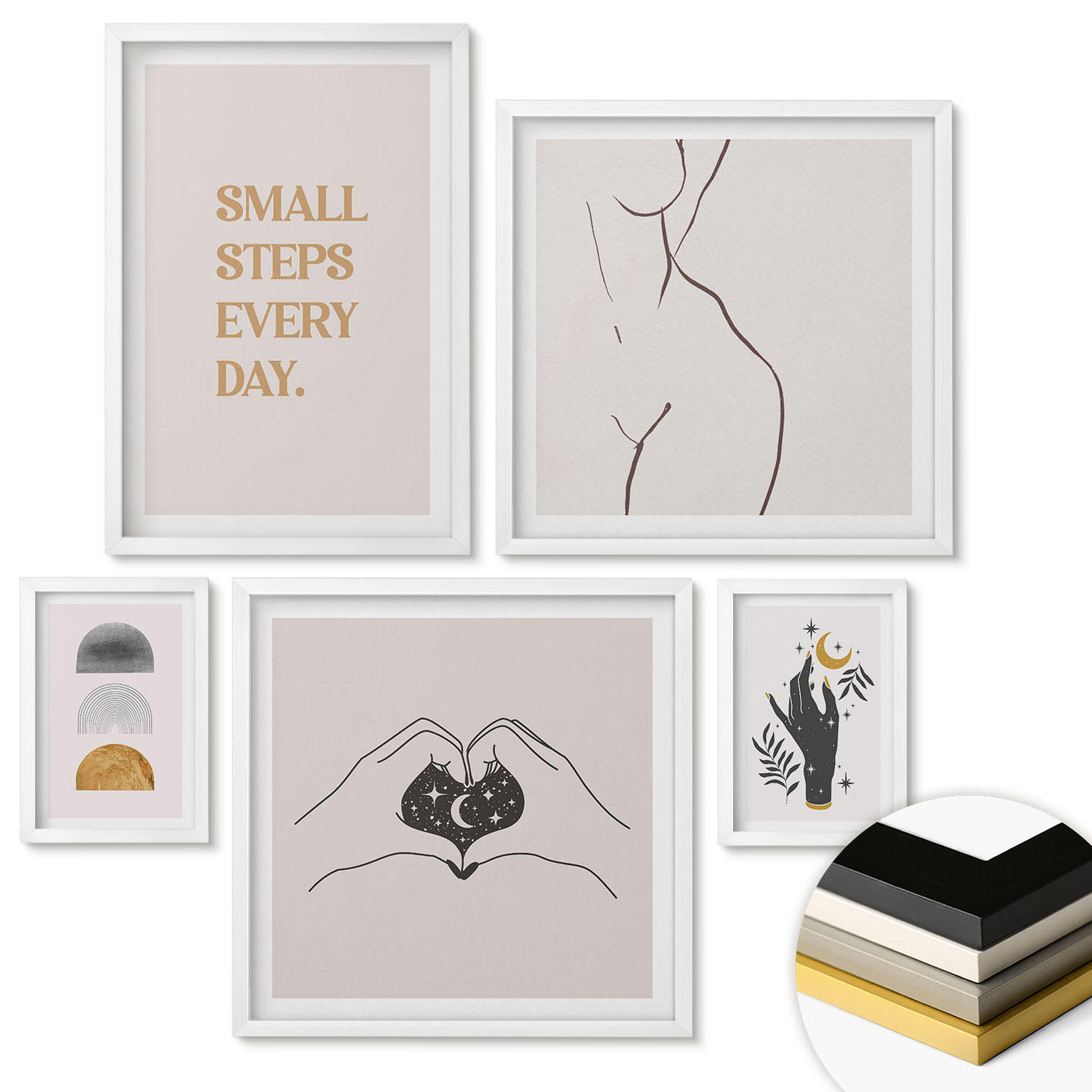 WANDBILDER 5er-Set - 50x50 cm & 20x30 cm & 40x60 cm Weißer Rahmen - Abstrakte Blumen aus Marmor - Weiß, Kunststoff (40/60cm) - ArtPrintCave