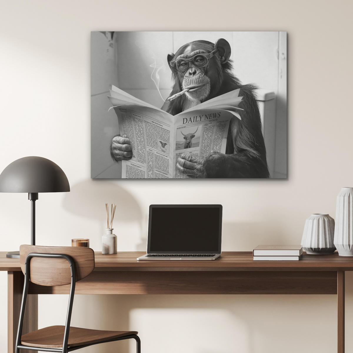 AKUSTIKPANEEL Affe - WC - Zeitung - Schwarz-Weiß - Humor 80x60 cm - Hellgrau, Textil (80/0.9/60cm) - MuchoWow