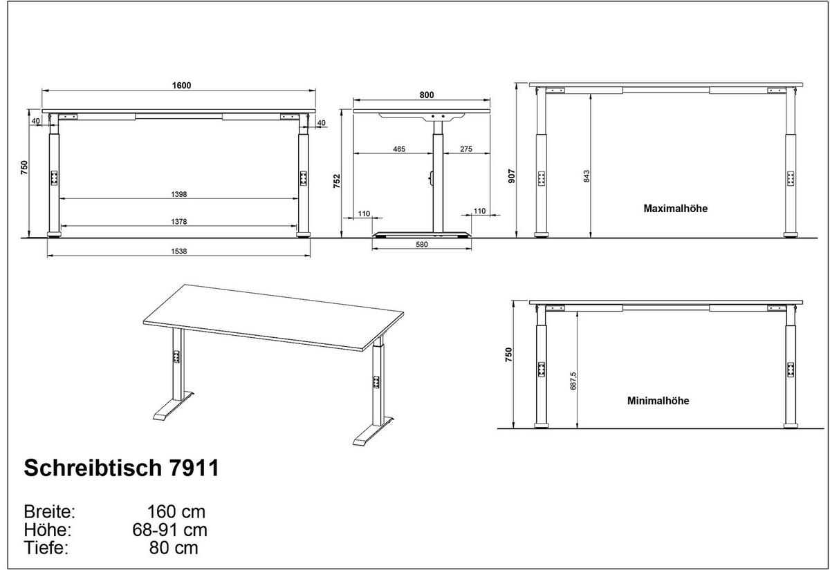 SCHREIBTISCH höheneinstellbar "Stuttgart" 68-91cm Graphit 160x80cm, C-Fuß - Schwarz, Holzwerkstoff/Metall (80/160/91cm) - KADIMA DESIGN