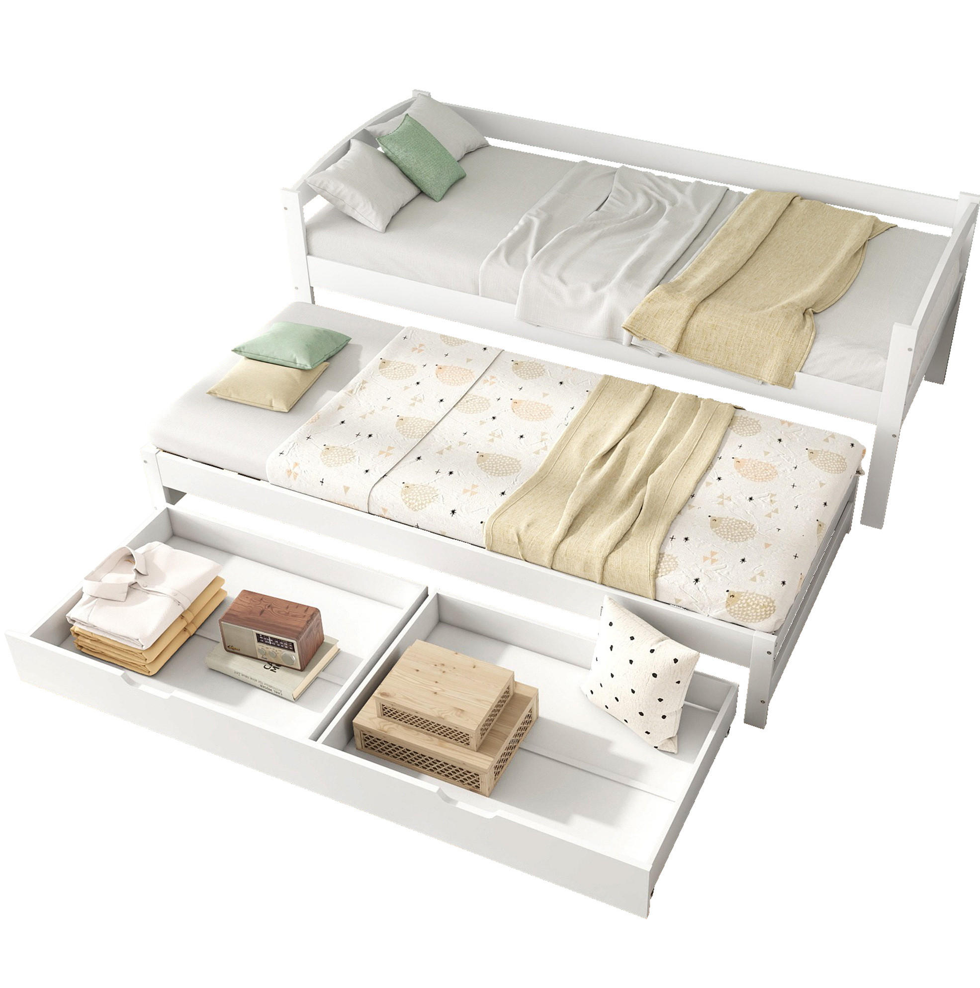 TAGESBETT 90/200 cm mit Ausziehbett und 2 Schubladen in Weiß - Weiß, Holzwerkstoff (90/200cm) - BEAOK