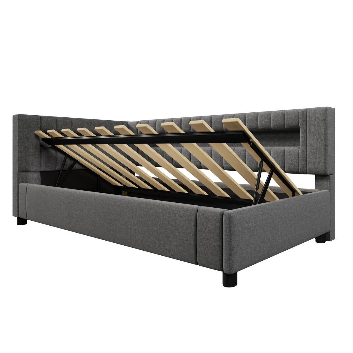 POLSTERBETT 90/200 mit hydraulischem Bettkasten, LED sowie USB- und Type-C-Anschluss aus Leinen in Grau - Grau, Holzwerkstoff/Textil (90/200cm) - EVRYAE