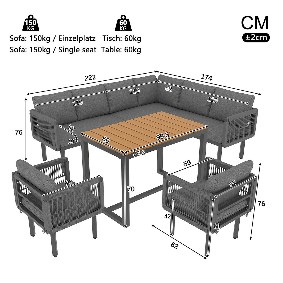 GARTENLOUNGE 6-teilig Ecksofa Sessel Tisch Outdoor Grau - Grau, Metall - FLIEKS