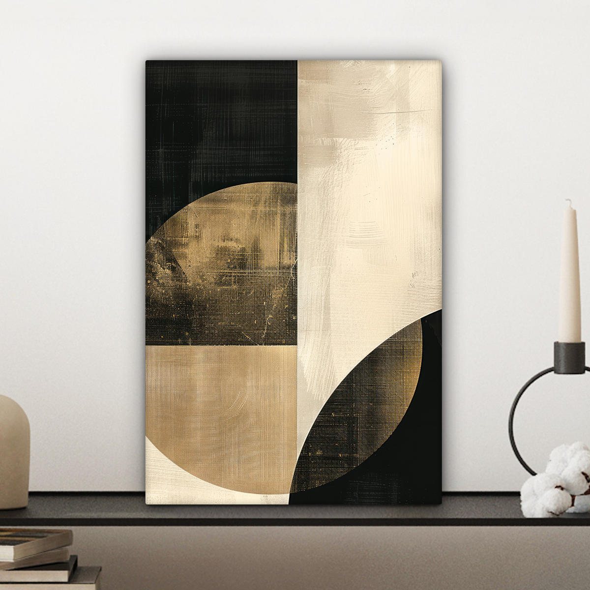 LEINWANDBILD Abstrakt - Geometrische Formen - Schwarz - Gold Deko Wohnzimmer 20x30 cm - Ecru, Textil (20/30cm) - MuchoWow