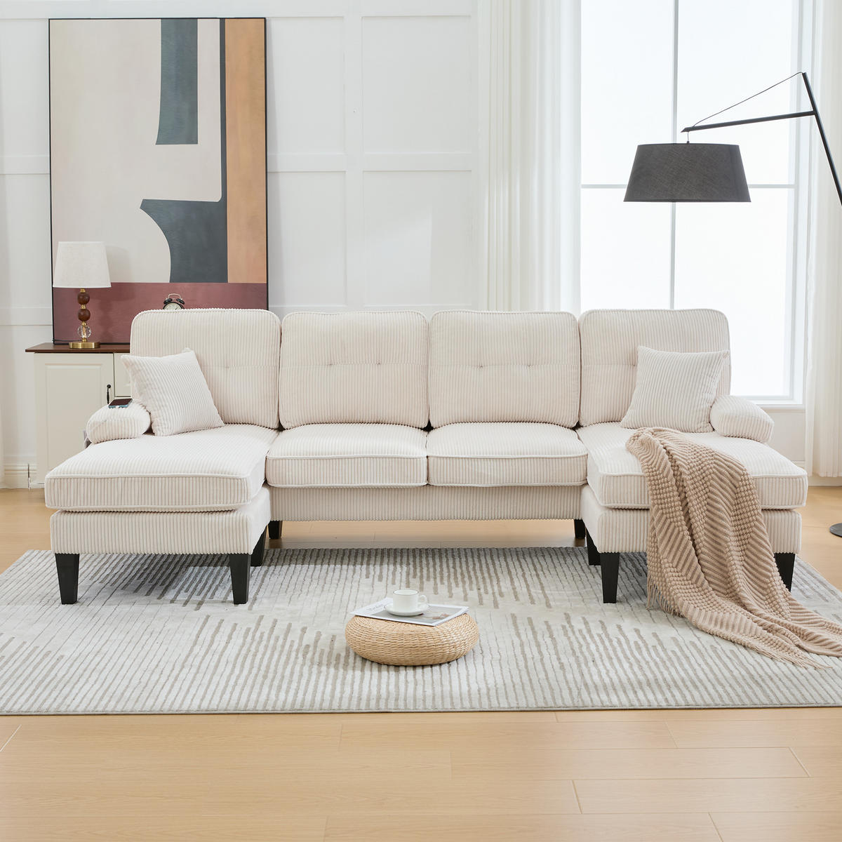 WOHNLANDSCHAFT Cord Beige mit USB, Type-C und Seitentaschen - Beige, Textil (250/88/130cm) - WISHDOR