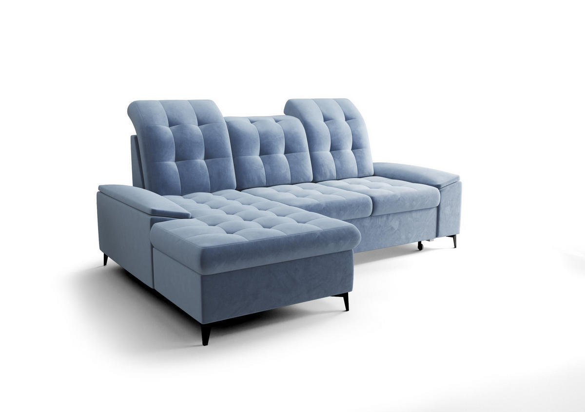 ECKSOFA KONGO RBN18, Eckcouch in L-Form mit Schlaffunktion, Farbe: Blau, Velourstoff, Ottomane Links - Blau, Textil (257/172cm) - O-Sofa