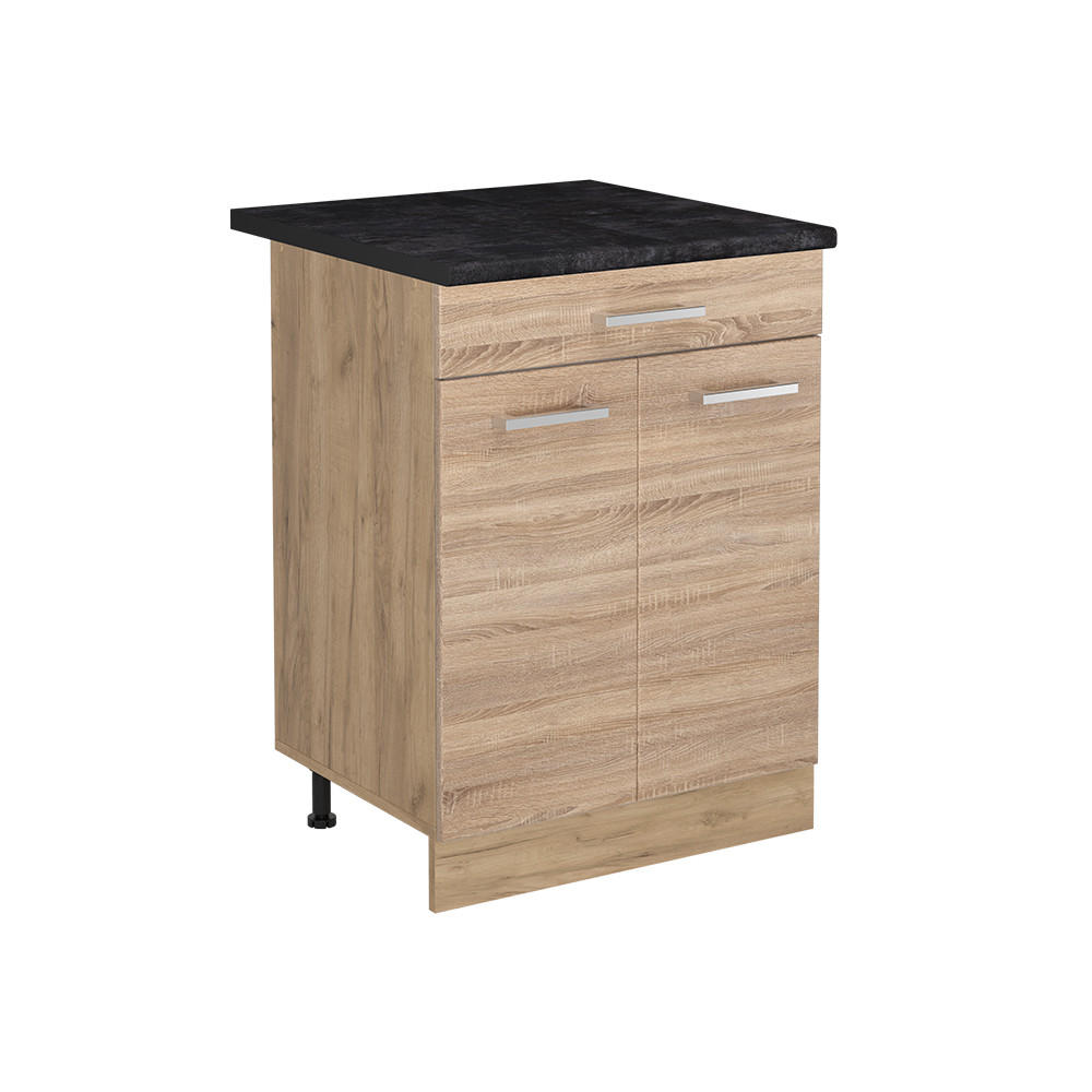 KÖKSUNDERSKÅP R-Line, Sonoma/Goldkraft ek, 60 cm med låda antracitas stalviršis Sonoma ek, Honungsek 81.6/60/60 cm