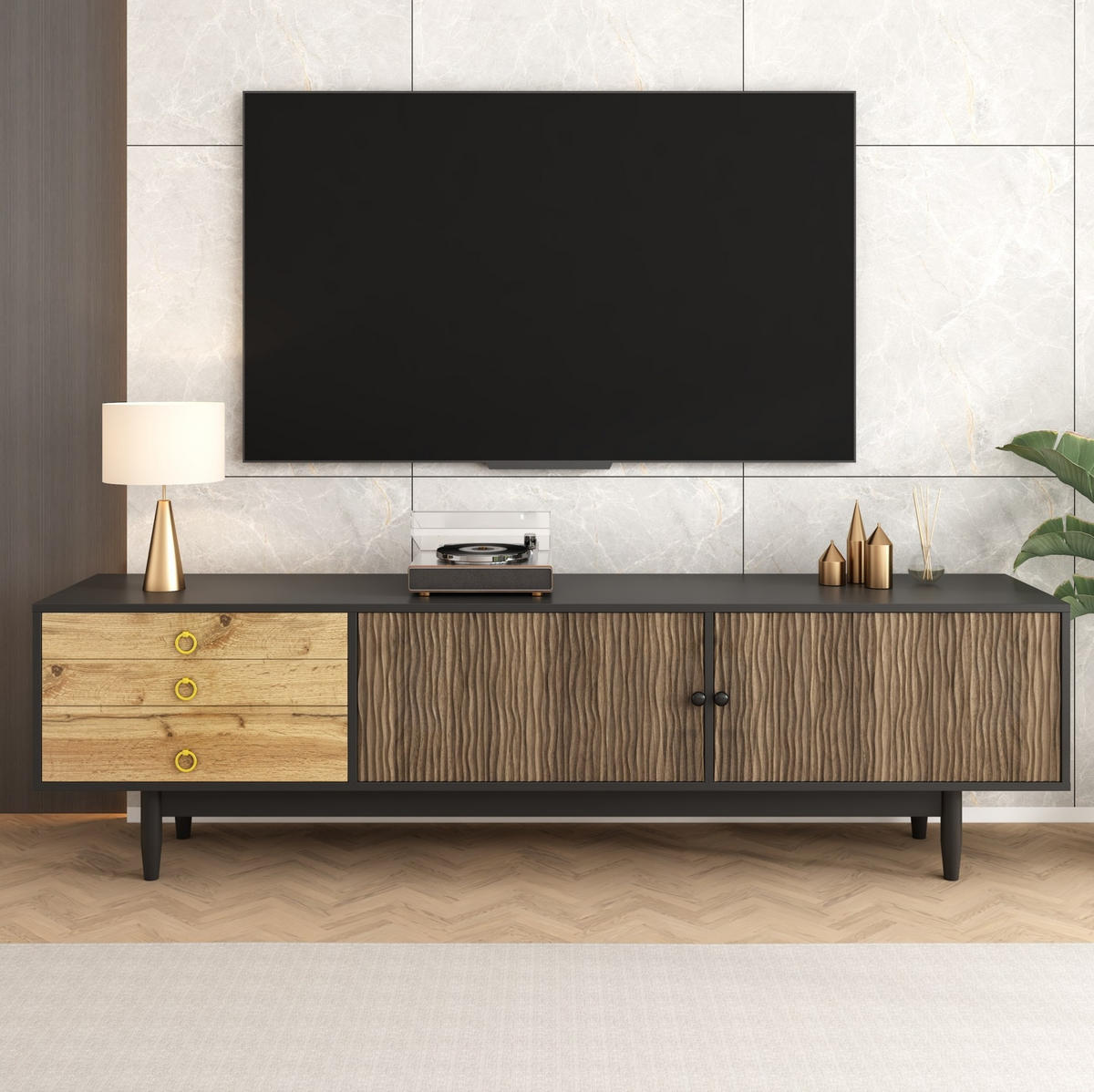 TV-LOWBOARD 180/38/50 cm mit 2 Türen, 3 Schubladen und Soft-Close - Schwarz, Holzwerkstoff (180/38/50cm) - BEAOK