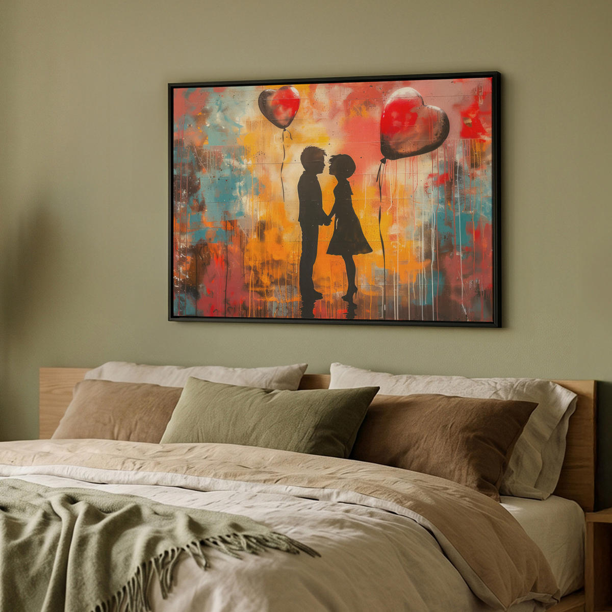 LEINWAND Bilder mit Rahmen - Straßenkunst - Liebe - Graffiti - Kunst - Banksy - 100x70 - Orange, Textil (100/70cm) - MuchoWow