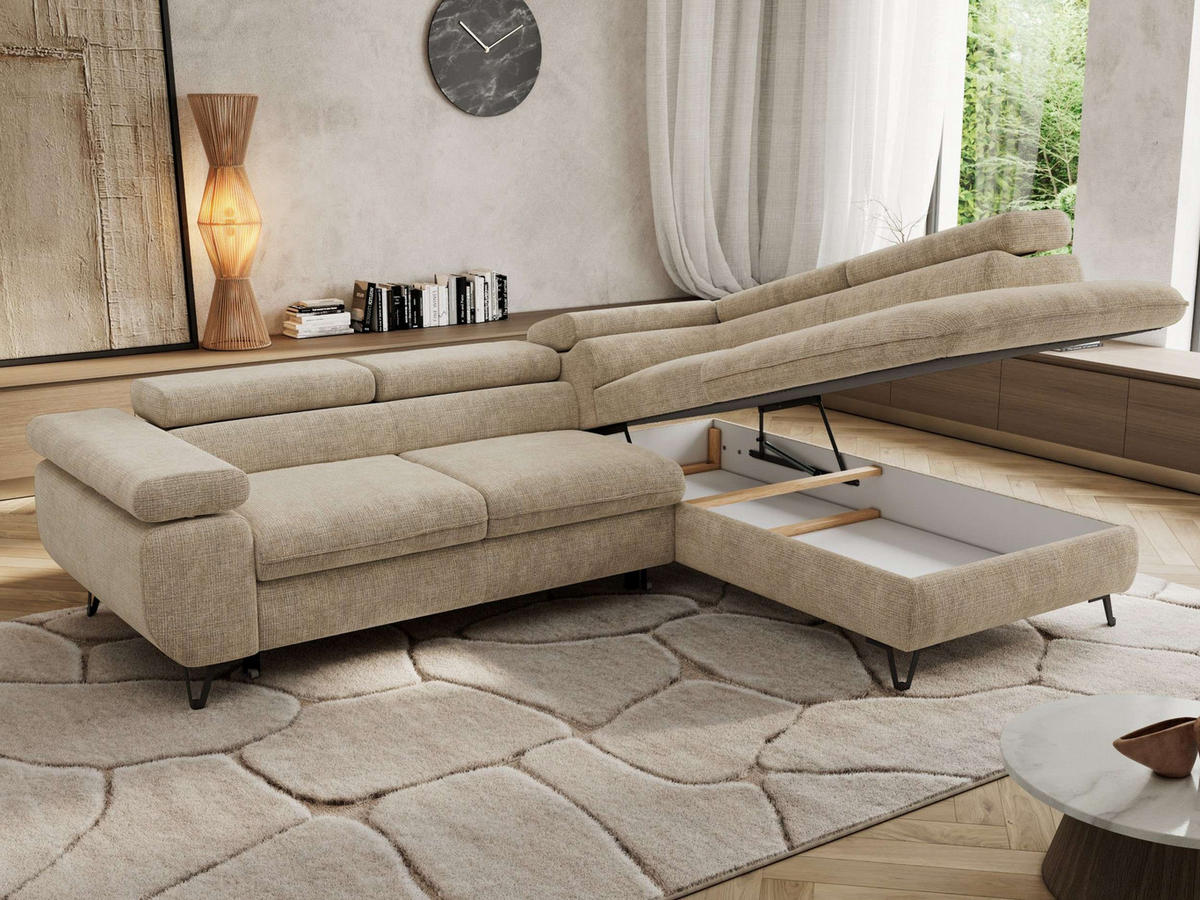 ECKSOFA PABLO L Beige Schenille grob gewebt - Rechts Seite - Beige/Schwarz, Textil/Metall (273/208cm) - MKS
