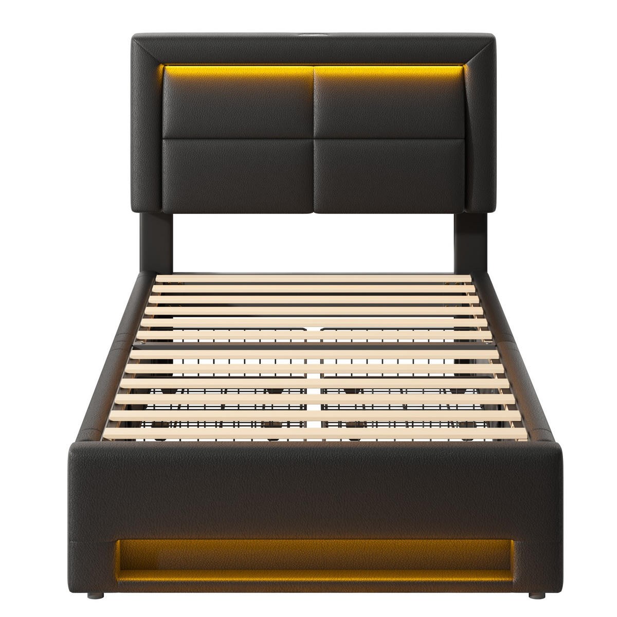 POLSTERBETT 90/190 cm Schwarz mit USB-Anschluss und LED-Beleuchtung - Schwarz, Kunststoff (90/200cm) - OKWISH