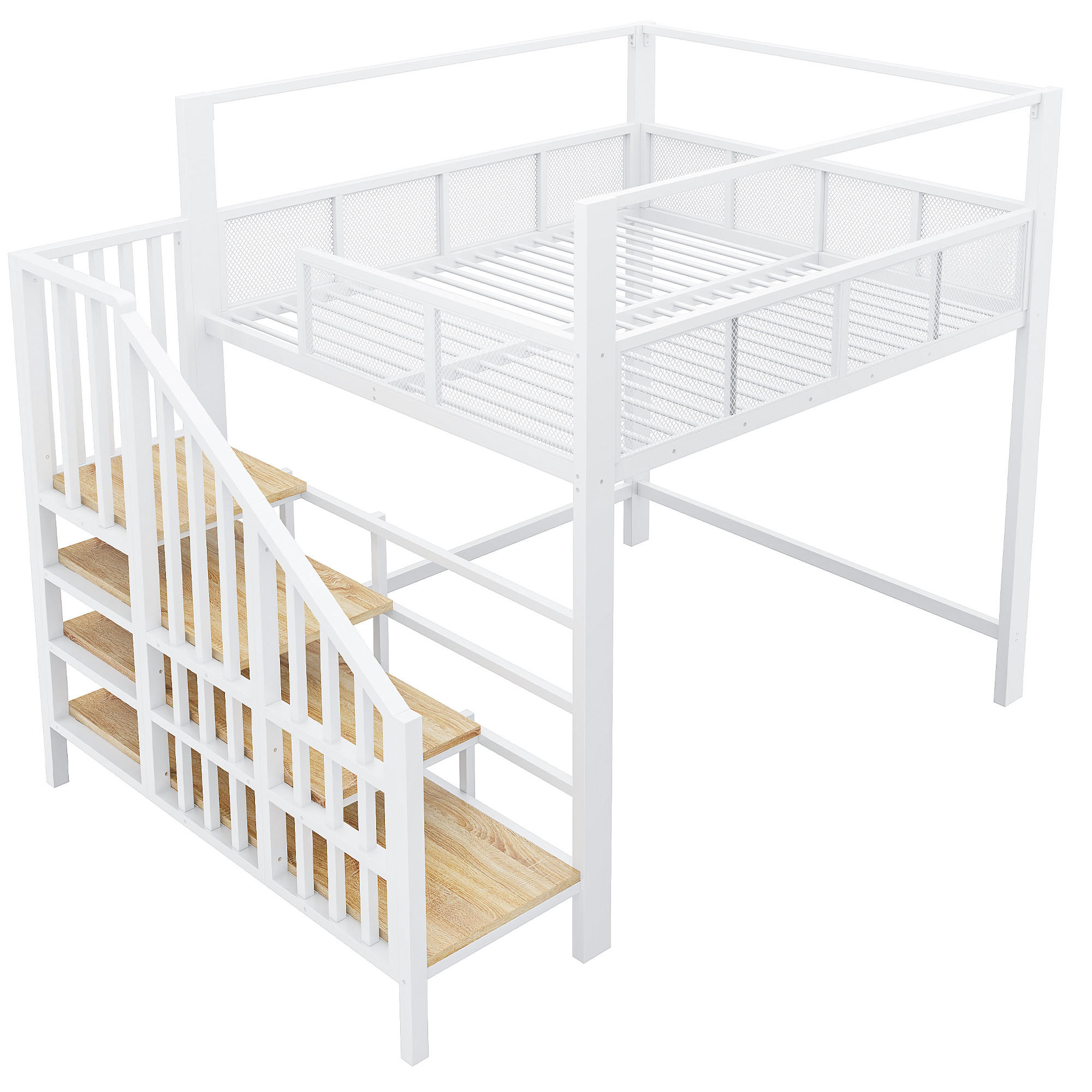HOCHBETT Weiß 140×200cm mit Baldachin, Stauraumtreppe und freier Arbeitsfläche unter dem Bett - Weiß, Metall (140/200cm) - Luhomfu