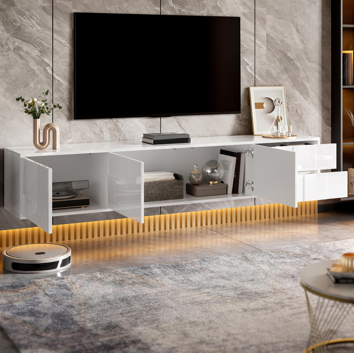 TV-LOWBOARD 170/30/30,5 cm Weiß aus MDF und Spanplatte mit Hochglanz-Optik - Weiß, Holzwerkstoff (30/30.5/170cm) - OKWISH