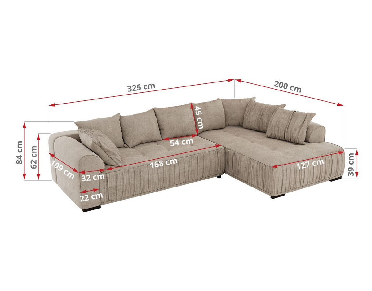 ECKSOFA ORTA Beige Stukture - Rechts - Beige/Schwarz, Textil (200/325cm) - MKS