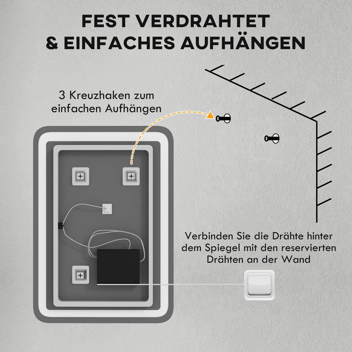 BADSPIEGEL, 50 x 70 cm LED Badezimmerspiegel mit 3 Lichtfarben, Wandspiegel - Silberfarben, Glas (70/4/50cm) - HOMCOM