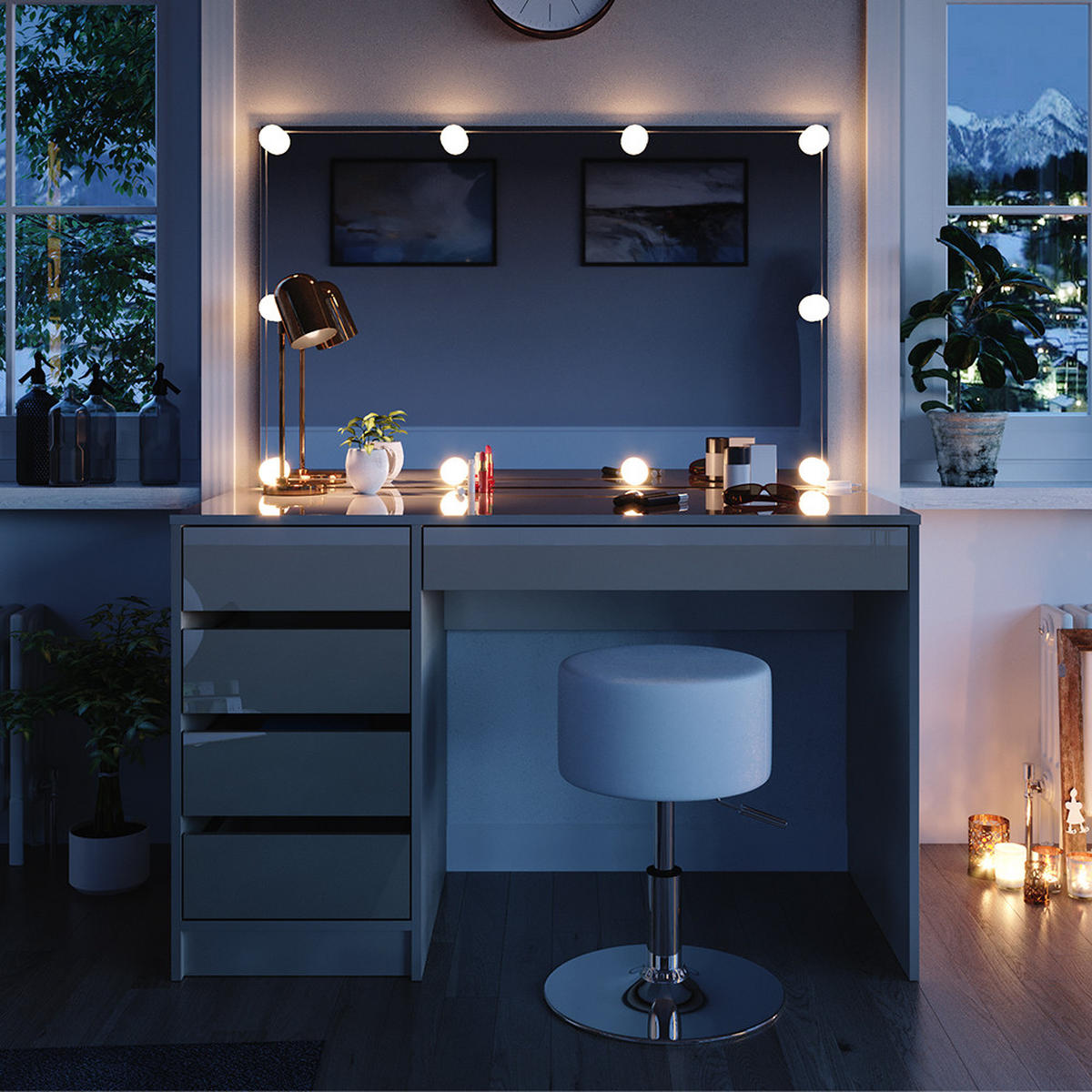 SCHMINKTISCH Sherry Greige 120 cm mit LED Beleuchtung und Hocker - Greige, Holzwerkstoff (120/75/55cm) - Vicco