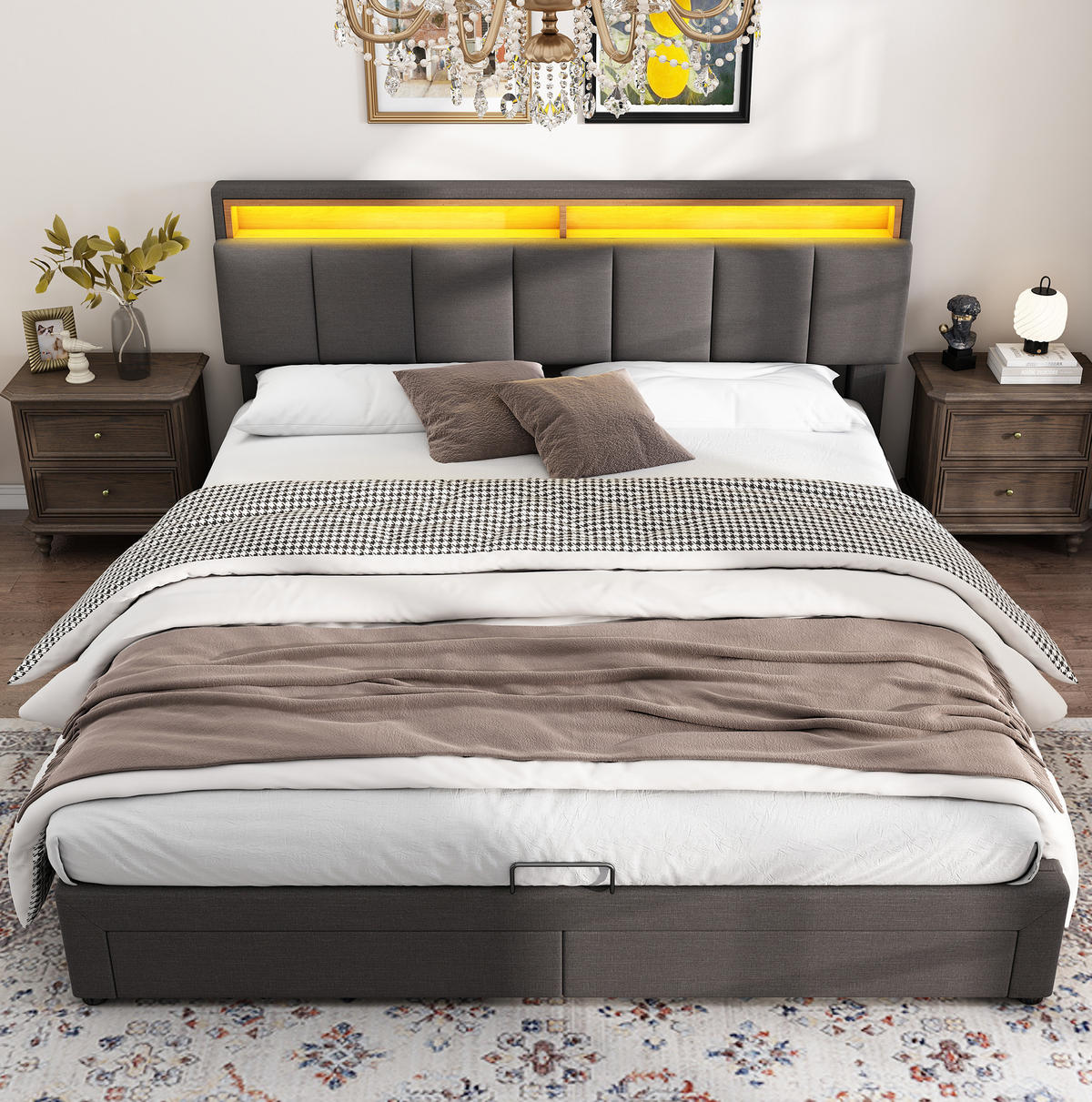 TAPECIRANI krevet 160/200 cm tamnosivi od čelika s LED uzglavljem i prostorom za odlaganje - svijetlo siva, metal (160/200cm) - OKWISH