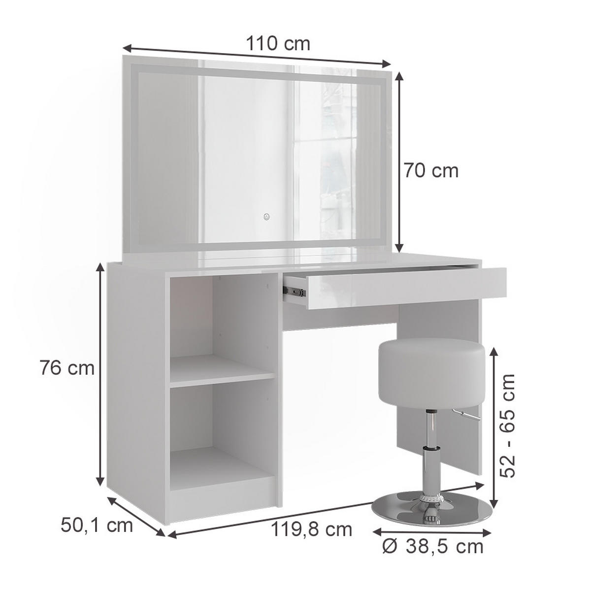 SCHMINKTISCH Sherry Weiß/Weiß Hochglanz 119.8 cm mit LED-Beleuchtung und Hocker - Weiß Hochglanz, Holzwerkstoff (119.8/76/50.1cm) - Vicco