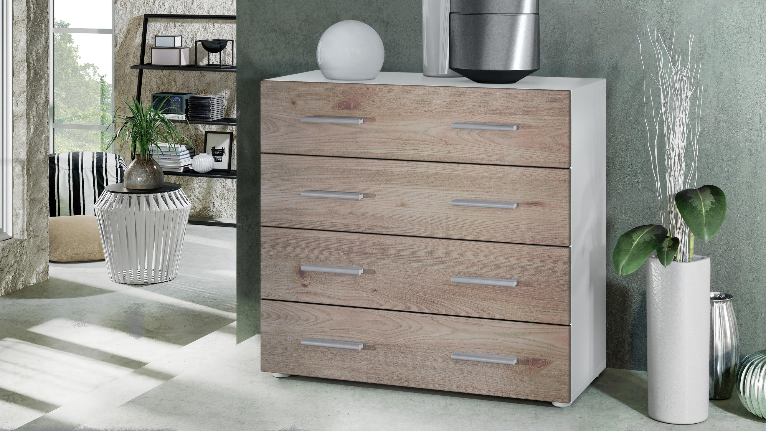 KOMMODE Pavos Eiche Nordic - Silbereichenfarben, Holzwerkstoff (76/72/35cm) - Vladon