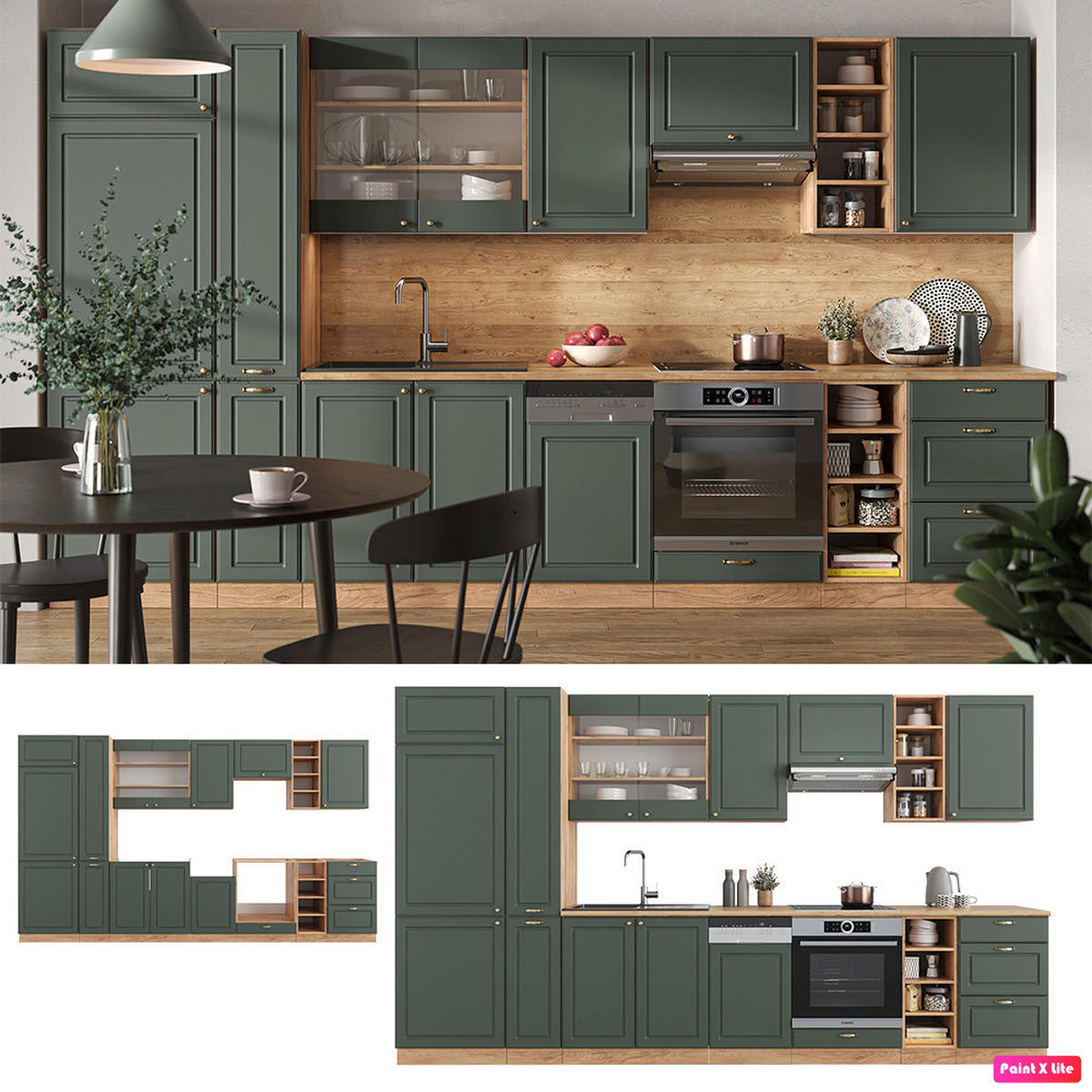 KÜCHENZEILE Fame-Line Grün-Gold Landhaus/Goldkraft Eiche 355 cm AP Marmor - Eiche Wotan/Grün, Holzwerkstoff (355/81.6/60cm) - Vicco