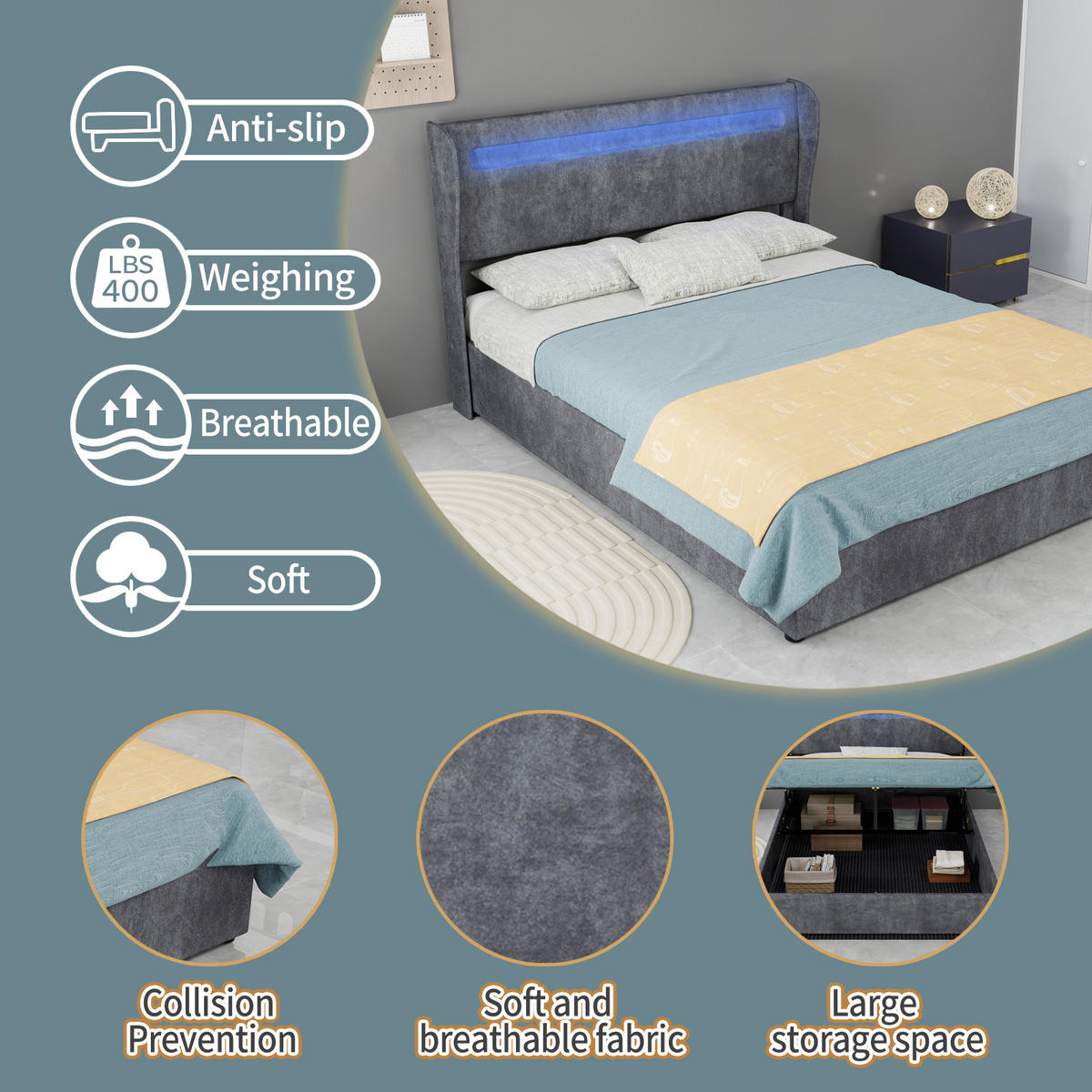 STAURAUMBETT 140/200 cm DE-35467 mit LED und Gaslift-Staufach Grau - Grau, Metall (140/200cm) - ComfortXL